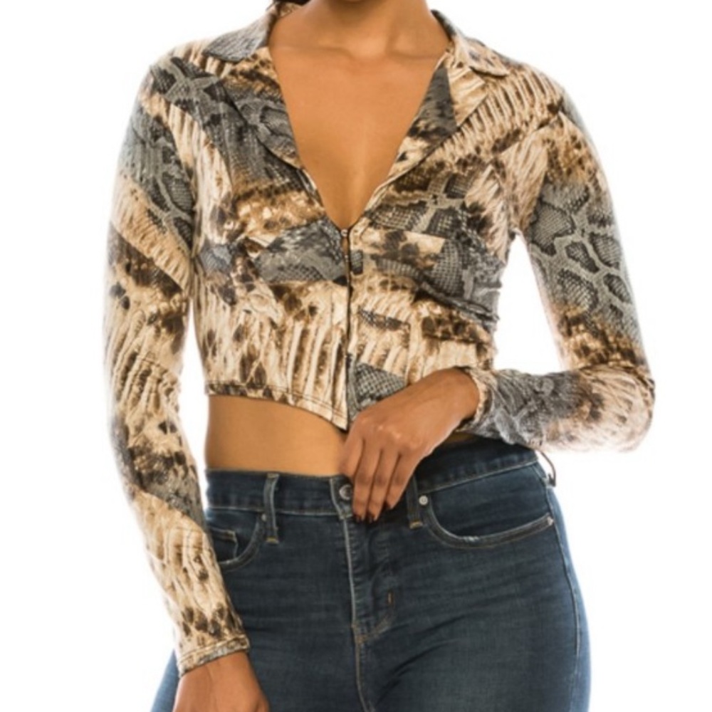 Cropped Snake Print Long Sleeve Top in Brown and Gray